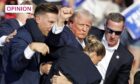 Former president Donald Trump is guided off stage after a shooting. Image: Shutterstock