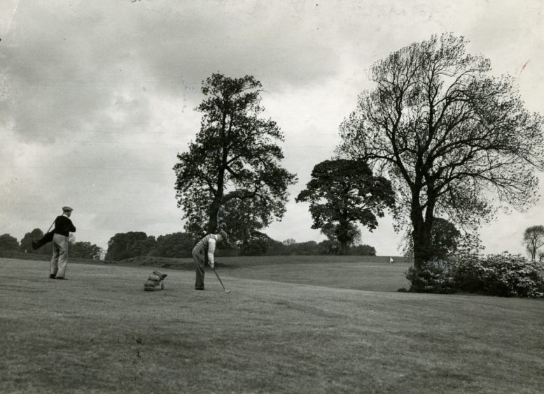 Golfers playing on the course at Caird Park in June 1949, with two men standing on the fairway and trees in the distance